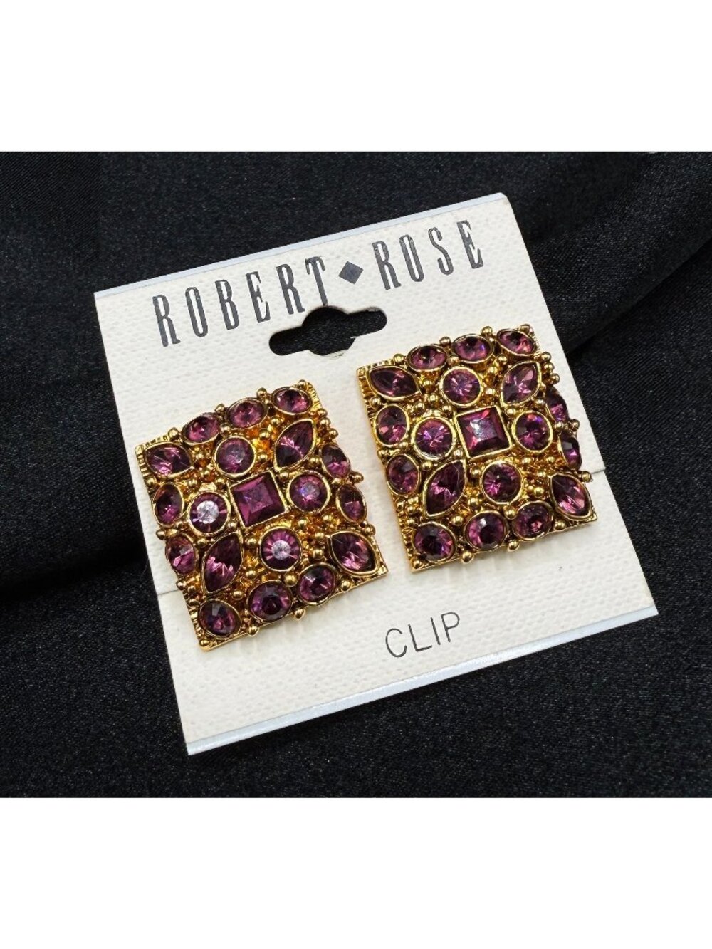 Rare Find Vintage 1980s Robert Rose Clip-On Earrings Purple Rhinestones